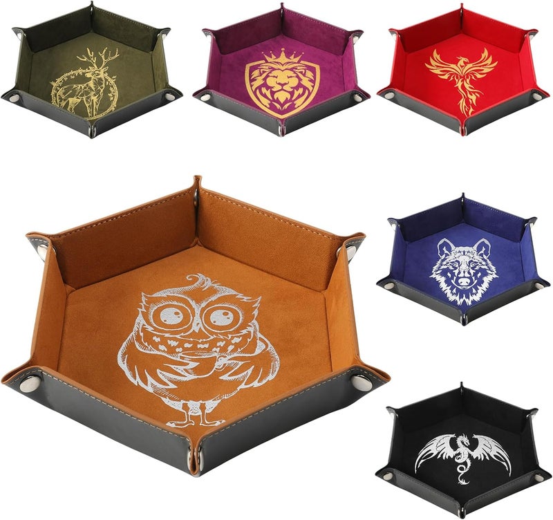 Grajar 6 Pcs DND Dice Tray with Animals Pattern for RPG D&D Table Games - Folding PU Leather and Velvet Rolling Holder Storage Box - Image 1